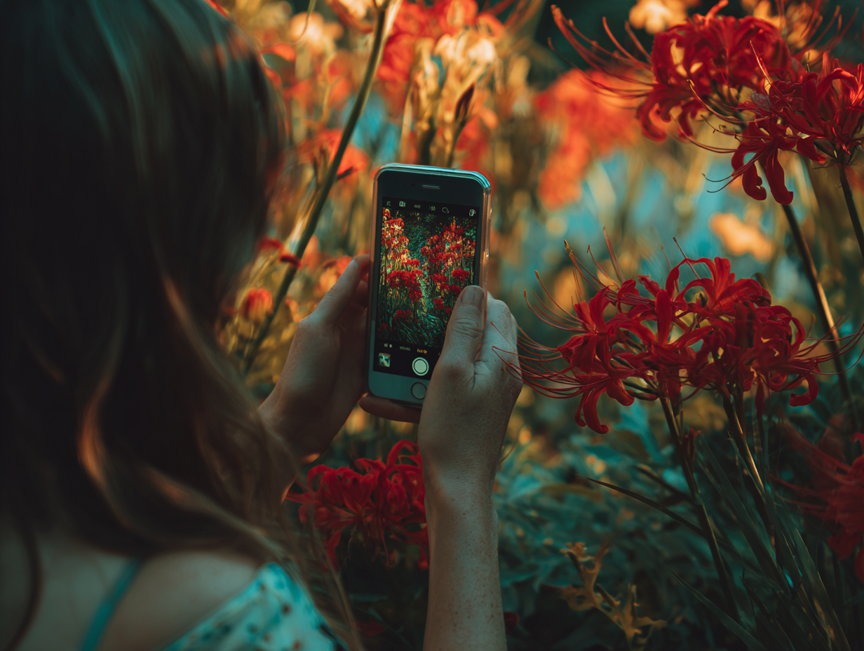 Vad är det för växt? Kvinna med telefon som fotograferar en blomma för identifiering.