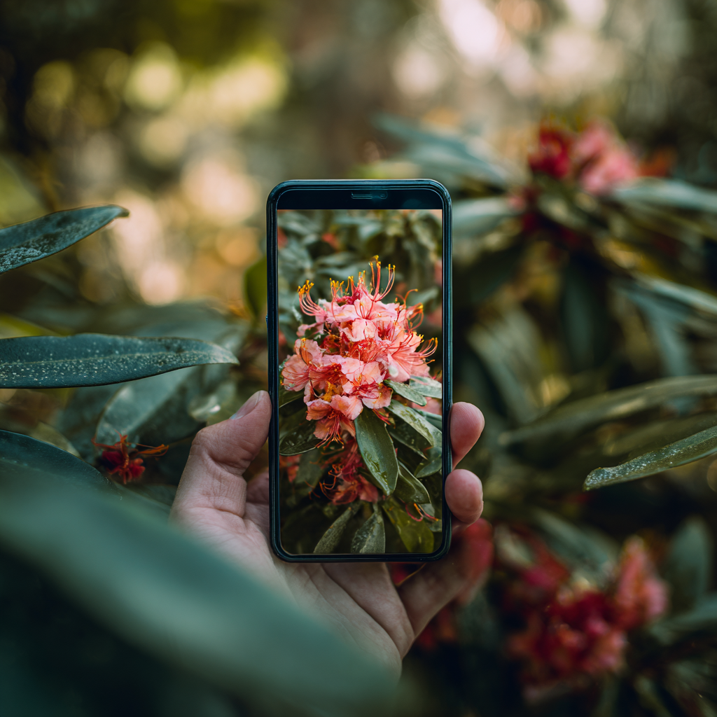 Telefon som fotograferar en blomma för identifiering.
